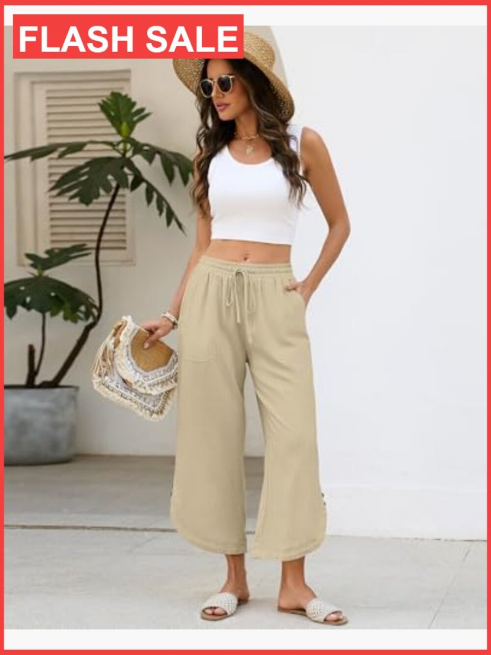 Women's Cotton Linen Wide Leg Capri Pants with Pockets - Picture 4 of 7